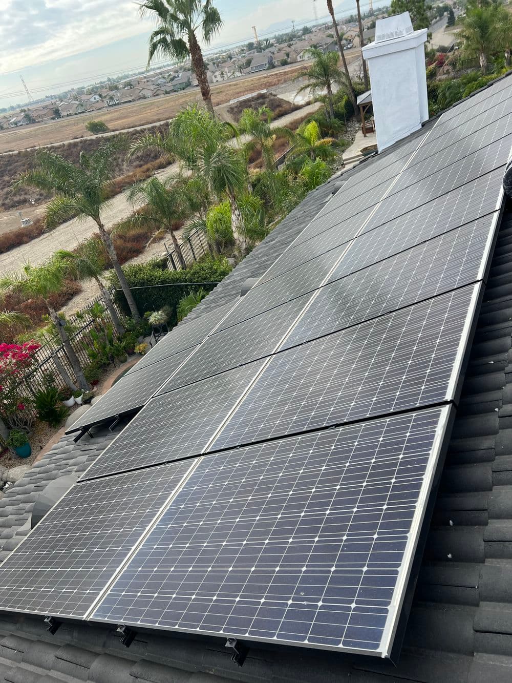 Solar panels installed on a roof with a scenic landscape and palm trees in the background.
