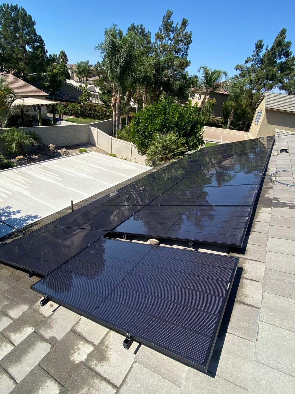 Solar panels installed on a residential roof with palm trees and sunny sky in the background.